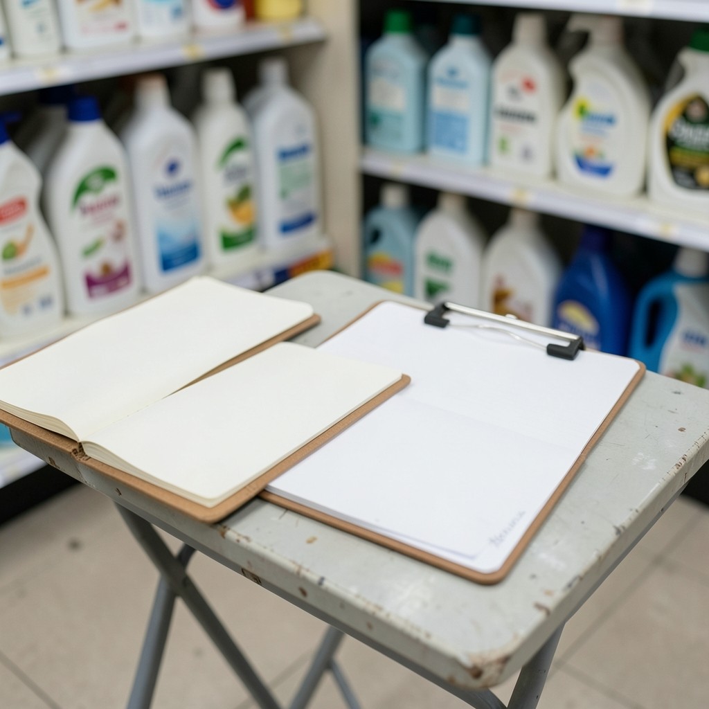 Notebooks and observation sheets on a table near a cleaning products aisle