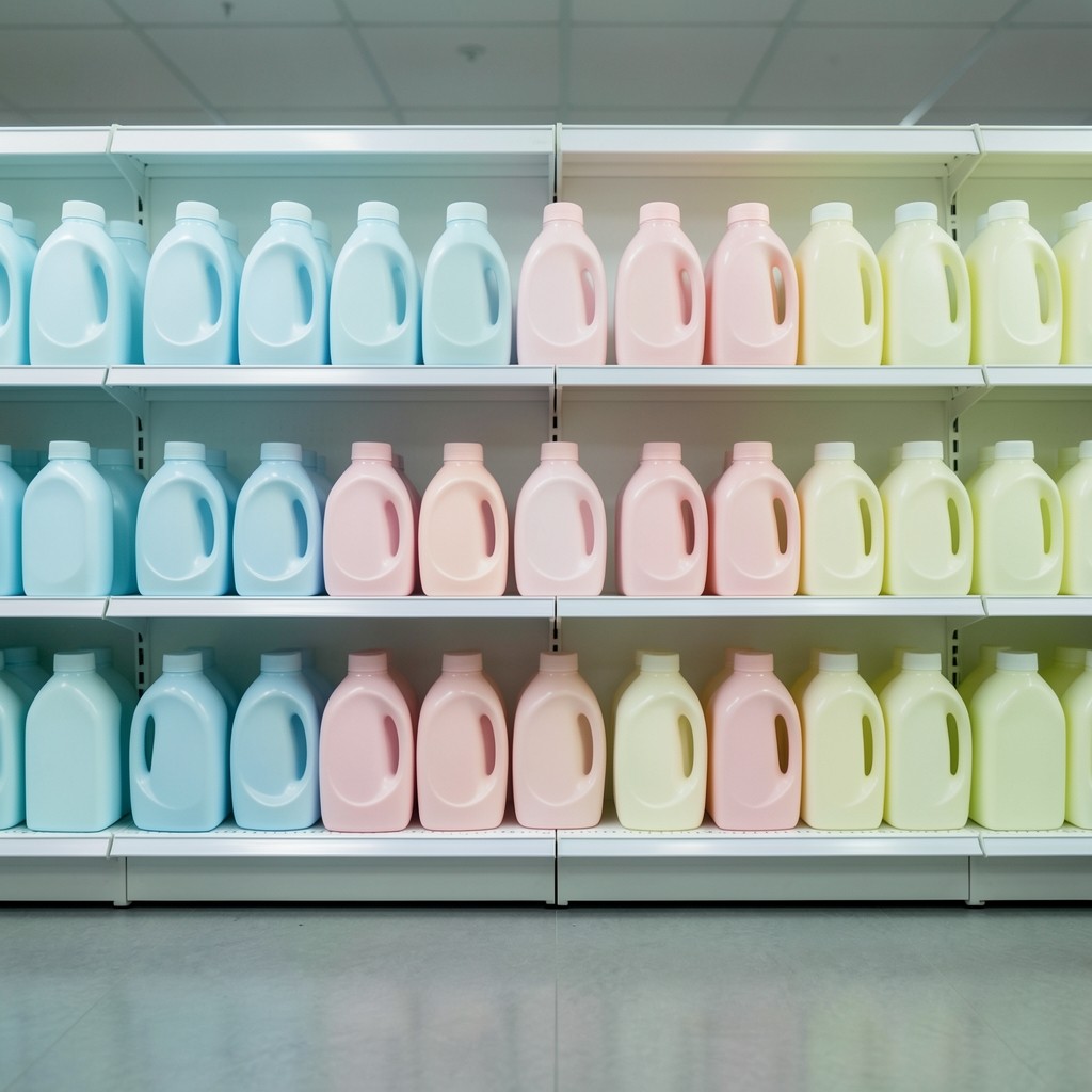 Laundry detergent bottles arranged in even facings on a supermarket shelf