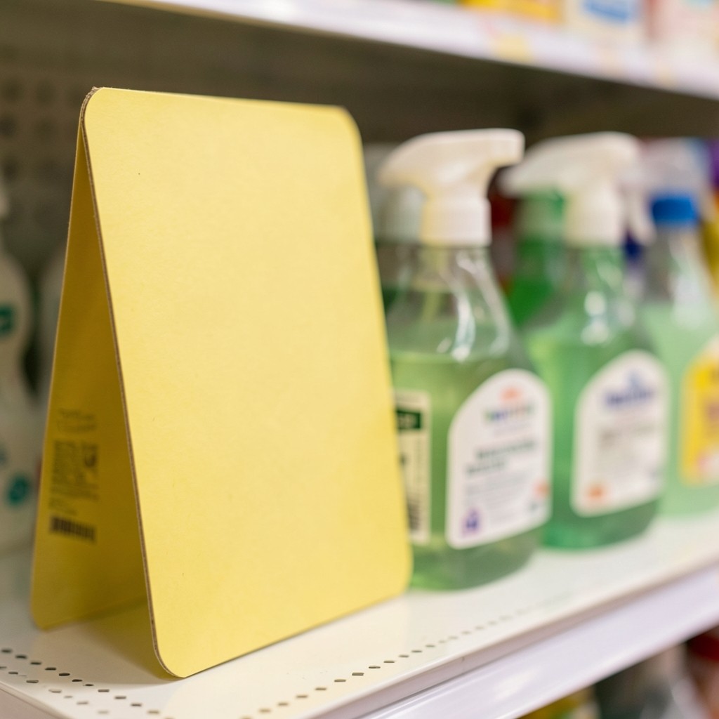 Blank yellow shelf tag beside floor cleaner bottles