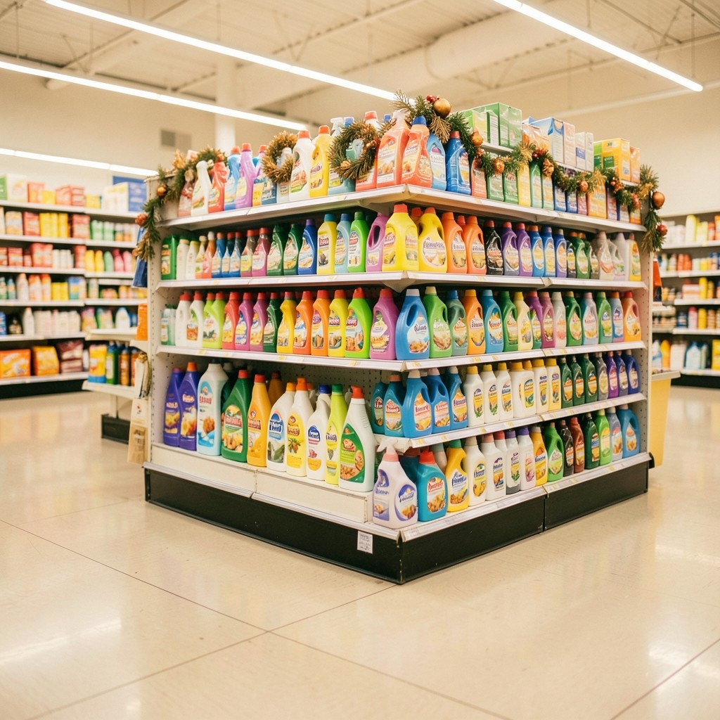 Endcap display of household cleaning products decorated for a holiday period