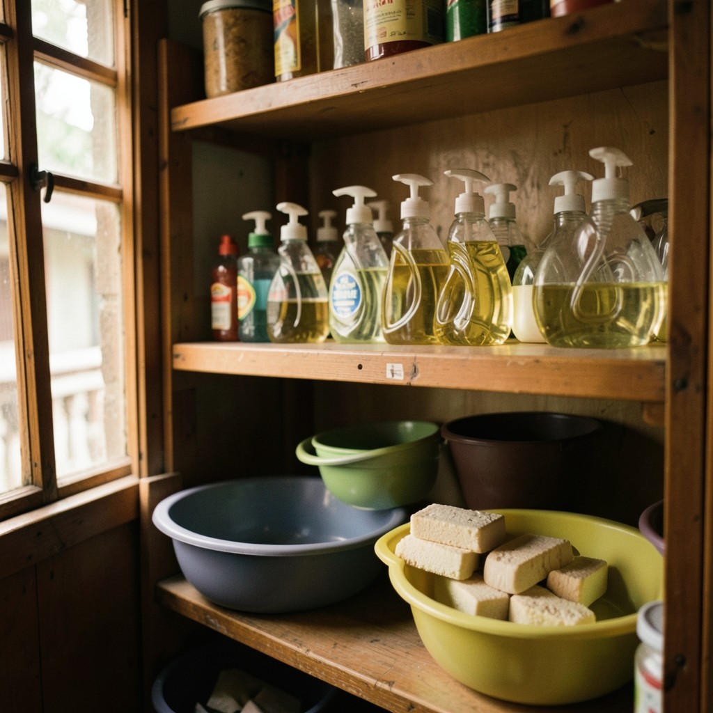 Dishwashing liquid bottles on a narrow shelf in a small grocery shop