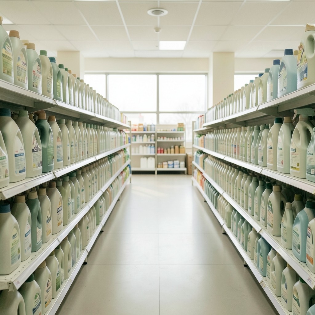 Quiet morning view down a supermarket household cleaning aisle in Vietnam