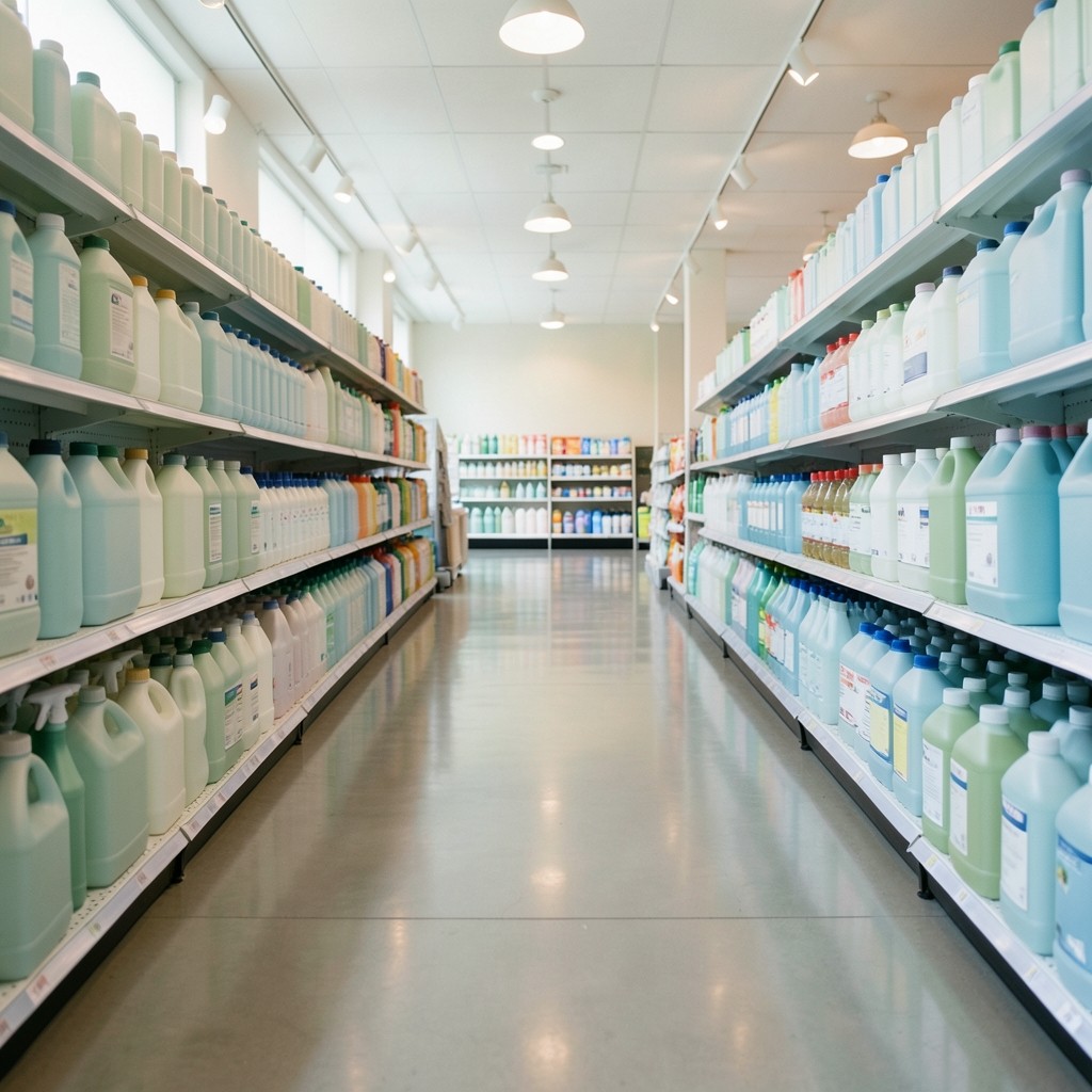 Household cleaning aisle with detergents and floor care bottles under soft store lighting