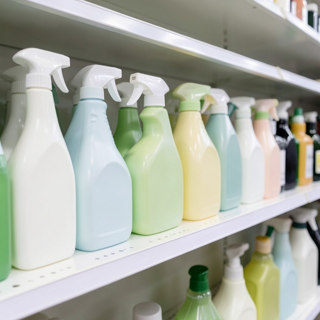 Assorted household cleaning bottles lined on a retail shelf