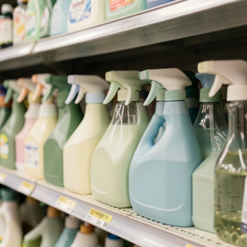 Price tags on bottles of floor cleaner in a store aisle
