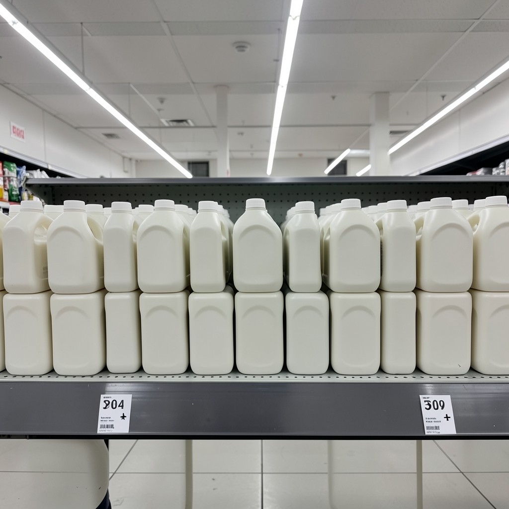 Even facings of detergent bottles on a supermarket shelf