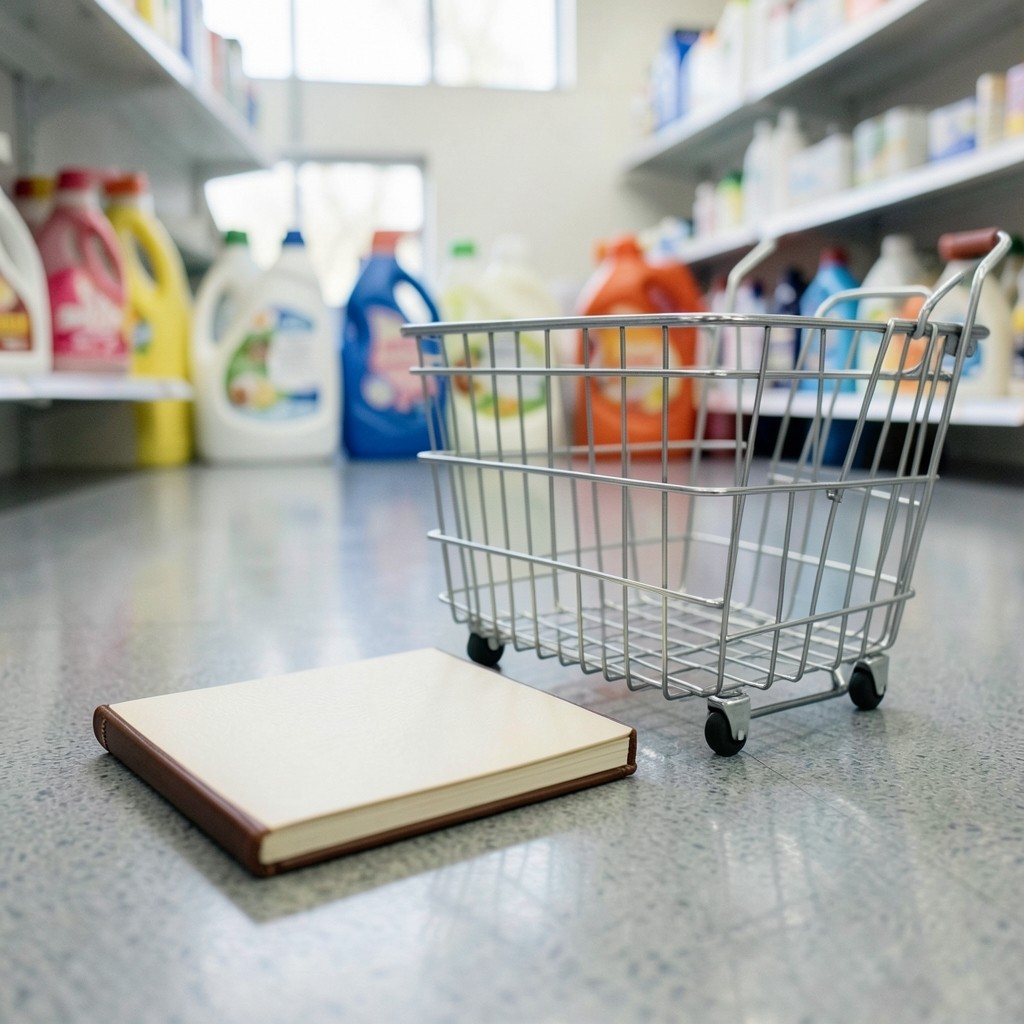 Field notebook and shopping basket in a household goods aisle